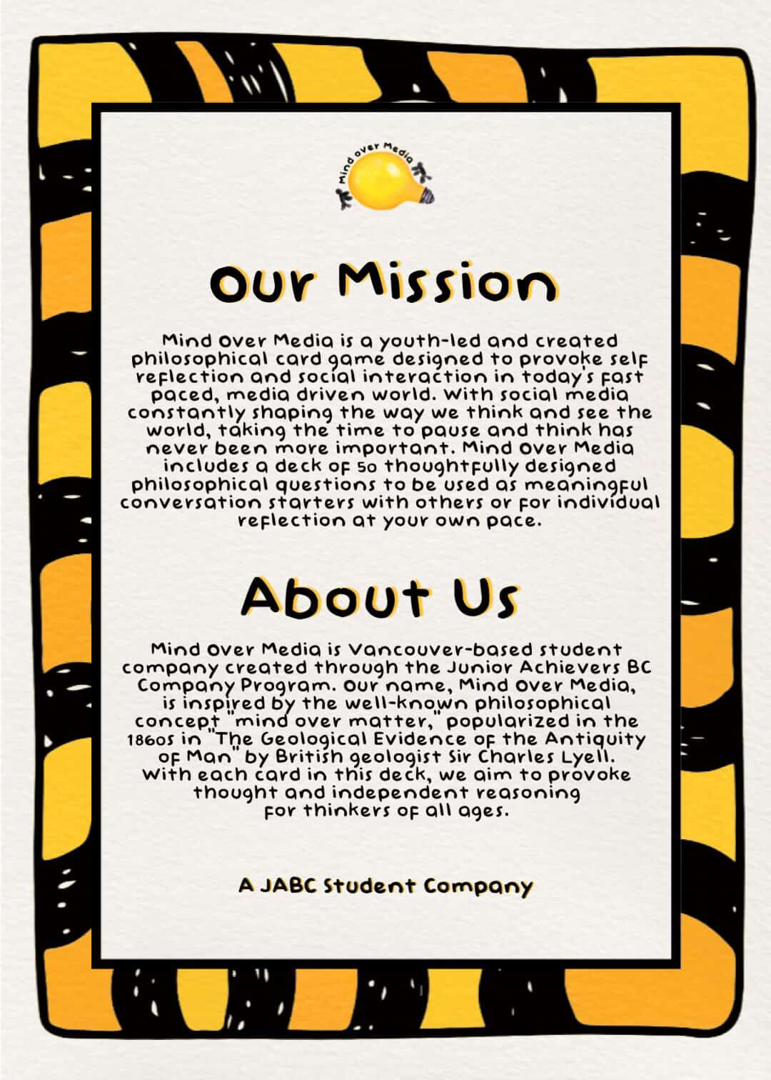 The back of the box, mission and about us